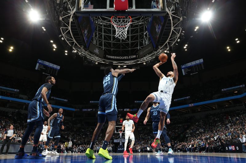 MINNEAPOLIS, MN -  JANUARY 18: Kyle Anderson #1 of the Minnesota Timberwolves shoots the ball during the game against the Memphis Grizzlies on January 18, 2024 at Target Center in Minneapolis, Minnesota. NOTE TO USER: User expressly acknowledges and agrees that, by downloading and or using this Photograph, user is consenting to the terms and conditions of the Getty Images License Agreement. Mandatory Copyright Notice: Copyright 2024 NBAE (Photo by David Sherman/NBAE via Getty Images)