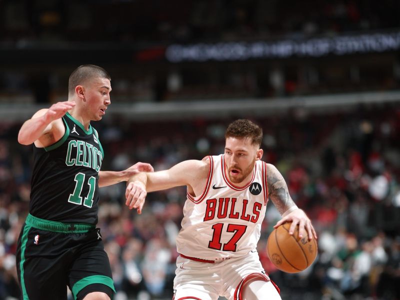 CHICAGO, IL - FEBRUARY 22: Onuralp Bitim #17 of the Chicago Bulls handles the ball during the game against the Boston Celtics on February 22, 2024 at United Center in Chicago, Illinois. NOTE TO USER: User expressly acknowledges and agrees that, by downloading and or using this photograph, User is consenting to the terms and conditions of the Getty Images License Agreement. Mandatory Copyright Notice: Copyright 2024 NBAE (Photo by Jeff Haynes/NBAE via Getty Images)