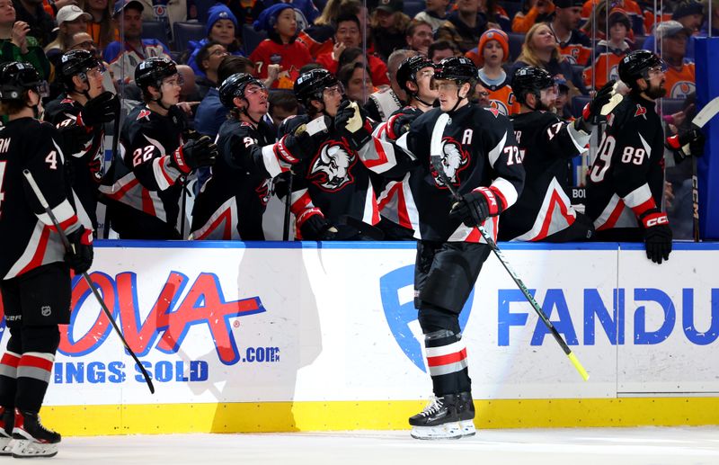 Mar 10, 2025; Buffalo, New York, USA;  Buffalo Sabres center Tage Thompson (72) celebrates his goal with teammates during the first period against the Edmonton Oilers at KeyBank Center. Mandatory Credit: Timothy T. Ludwig-Imagn Images