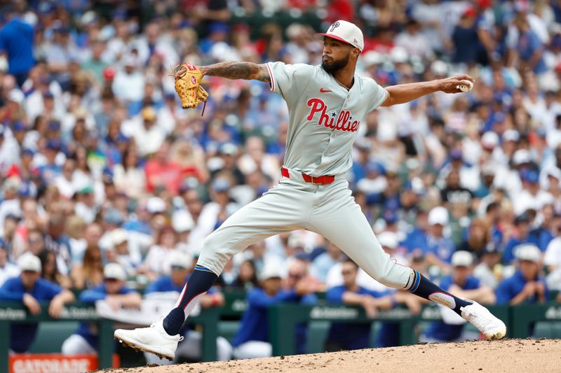 Jul 4, 2024; Chicago, Illinois, USA; Philadelphia Phillies starting pitcher Cristopher Sánchez (61) delivers a pitch against the Chicago Cubs during the first inning at Wrigley Field. Mandatory Credit: Kamil Krzaczynski-USA TODAY Sports