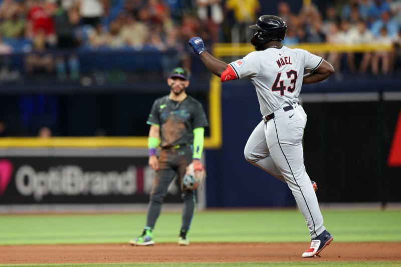 Jul 13, 2024; St. Petersburg, Florida, USA; Cleveland Guardians outfielder Jhonkensy Noel (43) runs the bases after hitting a two run home run against the Tampa Bay Rays in the eighth inning  at Tropicana Field. Mandatory Credit: Nathan Ray Seebeck-USA TODAY Sports