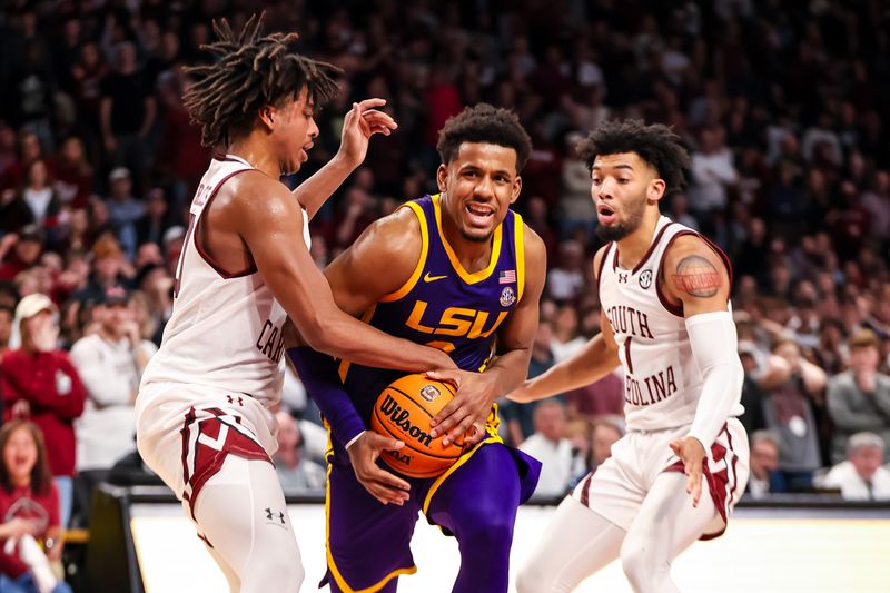 Feb 17, 2024; Columbia, South Carolina, USA; LSU Tigers guard Jordan Wright (6) is fouled by South Carolina Gamecocks forward Collin Murray-Boyles (30) in the second half at Colonial Life Arena. Mandatory Credit: Jeff Blake-USA TODAY Sports