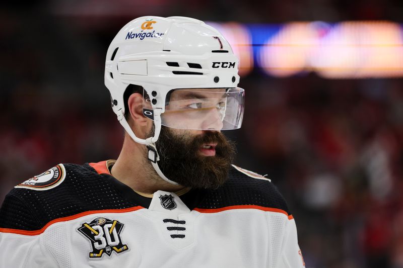 Jan 15, 2024; Sunrise, Florida, USA; Anaheim Ducks defenseman Radko Gudas (7) looks on against the Florida Panthers during the second period at Amerant Bank Arena. Mandatory Credit: Sam Navarro-USA TODAY Sports