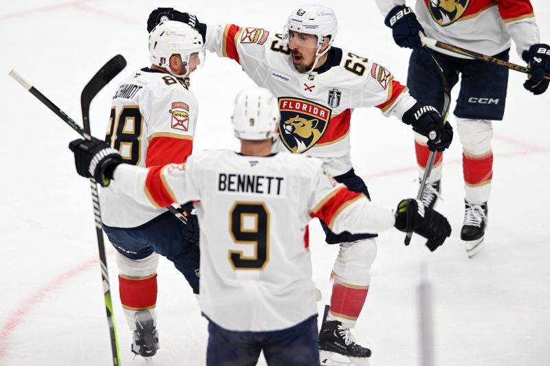 Jun 4, 2025; Edmonton, Alberta, CAN; Florida Panthers center Brad Marchand (63) reacts after scoring a goal against the Edmonton Oilers during the second period in game one of the 2025 Stanley Cup Final at Rogers Place. Mandatory Credit: Walter Tychnowicz-Imagn Images