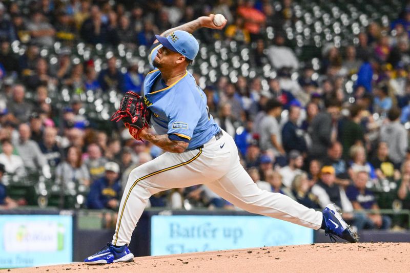 Sep 27, 2024; Milwaukee, Wisconsin, USA; Milwaukee Brewers starting pitcher Frankie Montas (47) pitches in the first inning against the New York Mets at American Family Field. Mandatory Credit: Benny Sieu-Imagn Images