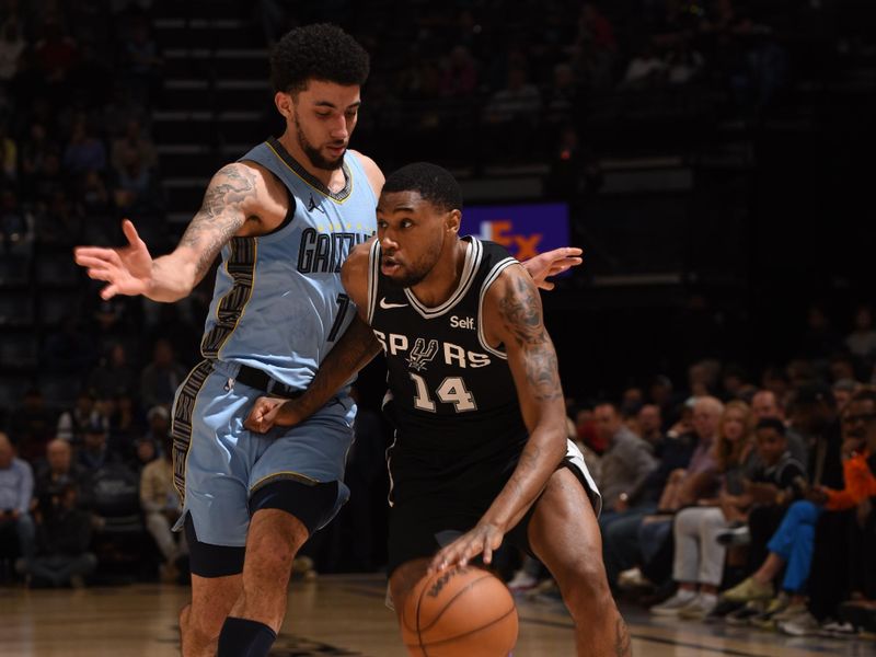 MEMPHIS, TN - APRIL 9: Blake Wesley #14 of the San Antonio Spurs drives to the basket during the game against the Memphis Grizzlies on April 9, 2024 at FedExForum in Memphis, Tennessee. NOTE TO USER: User expressly acknowledges and agrees that, by downloading and or using this photograph, User is consenting to the terms and conditions of the Getty Images License Agreement. Mandatory Copyright Notice: Copyright 2024 NBAE (Photo by Grant Burke/NBAE via Getty Images)