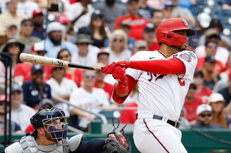 Apr 16, 2023; Washington, District of Columbia, USA; Washington Nationals second baseman Luis Garcia (2) hits a two run home run against the Cleveland Guardians during the seventh inning  at Nationals Park. Mandatory Credit: Geoff Burke-USA TODAY Sports