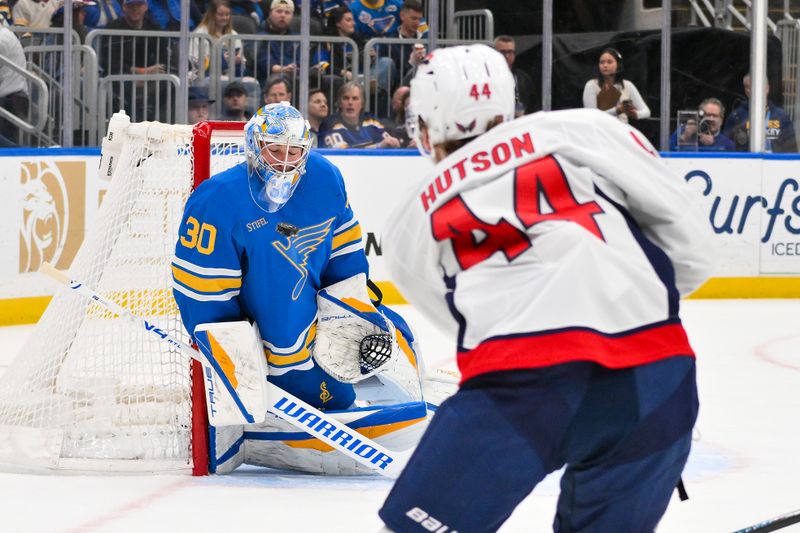 Mar 24, 2026; St. Louis, Missouri, USA; St. Louis Blues goaltender Joel Hofer (30) defends the net against Washington Capitals defenseman Cole Hutson (44) during the first period at Enterprise Center. Mandatory Credit: Jeff Curry-Imagn Images