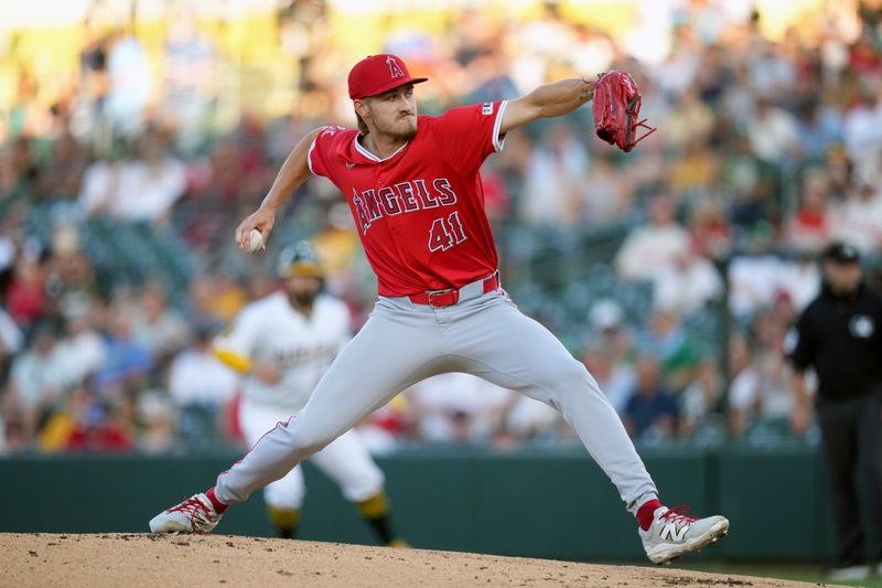 May 21, 2025; West Sacramento, California, USA; Los Angeles Angels pitcher Jack Kochanowicz (41) delivers a pitch against the Athletics in the first inning at Sutter Health Park. Mandatory Credit: Cary Edmondson-Imagn Images