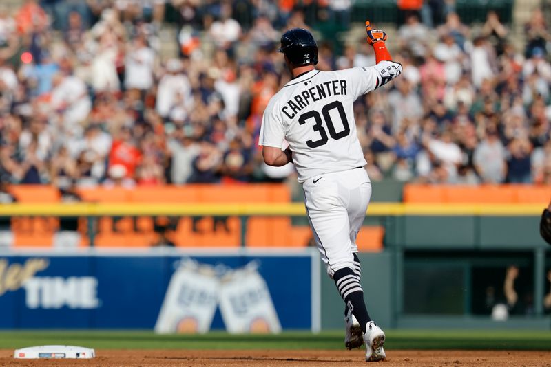 May 10, 2025; Detroit, Michigan, USA;   Detroit Tigers Kerry Carpenter (30) celebrates after he hits a home run in the first inning against the Texas Rangers at Comerica Park. Mandatory Credit: Rick Osentoski-Imagn Images