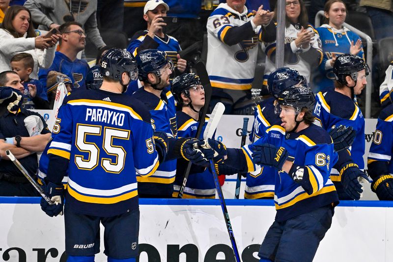 Nov 30, 2023; St. Louis, Missouri, USA;  St. Louis Blues left wing Jake Neighbours (63) is congratulated by defenseman Marco Scandella (6) and defenseman Colton Parayko (55) after scoring against the Buffalo Sabres during the third period at Enterprise Center. Mandatory Credit: Jeff Curry-USA TODAY Sports