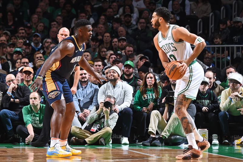 BOSTON, MA - JANUARY 29: Zion Williamson #1 of the New Orleans Pelicans plays defense during the game against the Boston Celtics on January 29, 2024 at the TD Garden in Boston, Massachusetts. NOTE TO USER: User expressly acknowledges and agrees that, by downloading and or using this photograph, User is consenting to the terms and conditions of the Getty Images License Agreement. Mandatory Copyright Notice: Copyright 2024 NBAE  (Photo by Brian Babineau/NBAE via Getty Images)