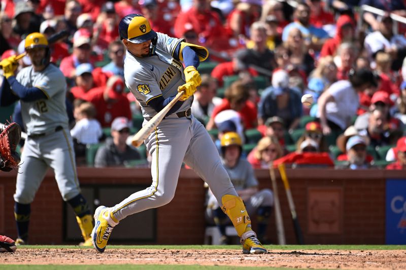 Apr 20, 2024; St. Louis, Missouri, USA; Milwaukee Brewers shortstop Willy Adames (27) hits an RBI double against the St. Louis Cardinals in the sixth inning at Busch Stadium. Mandatory Credit: Joe Puetz-USA TODAY Sports