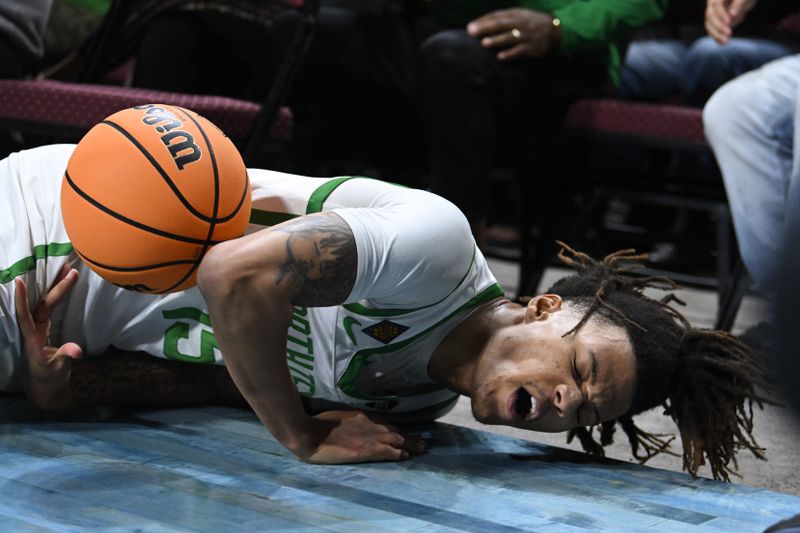 Mar 30, 2023; Las Vegas, NV, USA; North Texas Mean Green guard Rubin Jones (15) chases a loose ball in the first half against the UAB Blazers at Orleans Arena. Mandatory Credit: Candice Ward-USA TODAY Sports