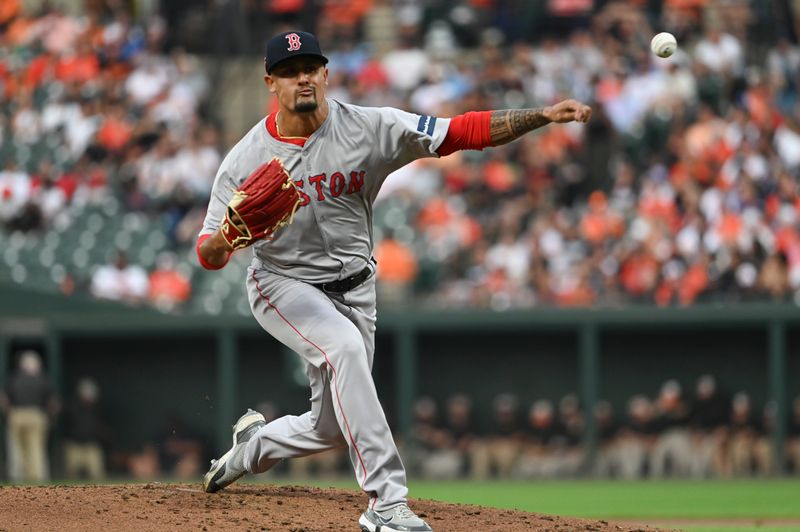 Aug 16, 2024; Baltimore, Maryland, USA;  Boston Red Sox relief pitcher Brennan Bernardino (83) delivers a first inning pitch against the Baltimore Orioles at Oriole Park at Camden Yards. Mandatory Credit: Tommy Gilligan-USA TODAY Sports