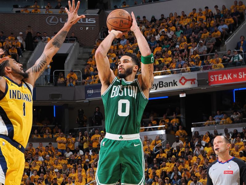 INDIANAPOLIS, IN - MAY 25: Jayson Tatum #0 of the Boston Celtics shoots a three point basket during the game  against the Indiana Pacers during Game 3 of the Eastern Conference Finals on May 25, 2024 at Gainbridge Fieldhouse in Indianapolis, Indiana. NOTE TO USER: User expressly acknowledges and agrees that, by downloading and or using this Photograph, user is consenting to the terms and conditions of the Getty Images License Agreement. Mandatory Copyright Notice: Copyright 2024 NBAE (Photo by Ron Hoskins/NBAE via Getty Images)