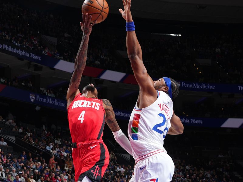 PHILADELPHIA, PA - NOVEMBER 27: Jalen Green #4 of the Houston Rockets drives to the basket during the game against the Philadelphia 76ers on November 27, 2024 at the Wells Fargo Center in Philadelphia, Pennsylvania NOTE TO USER: User expressly acknowledges and agrees that, by downloading and/or using this Photograph, user is consenting to the terms and conditions of the Getty Images License Agreement. Mandatory Copyright Notice: Copyright 2024 NBAE (Photo by Jesse D. Garrabrant/NBAE via Getty Images)