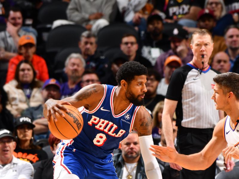 PHOENIX, AZ - NOVEMBER 4: Paul George #8 of the Philadelphia 76ers drives to the basket during the game against the Phoenix Suns on November 4, 2024 at Footprint Center in Phoenix, Arizona. NOTE TO USER: User expressly acknowledges and agrees that, by downloading and or using this photograph, user is consenting to the terms and conditions of the Getty Images License Agreement. Mandatory Copyright Notice: Copyright 2024 NBAE (Photo by Barry Gossage/NBAE via Getty Images)