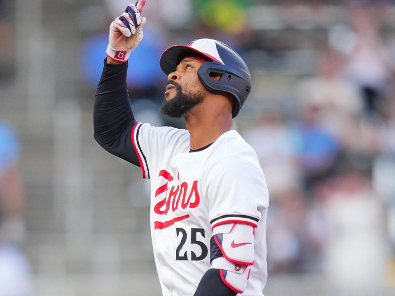 May 6, 2025; Minneapolis, Minnesota, USA; Minnesota Twins outfielder Byron Buxton (25) celebrates a double against the Baltimore Orioles in the third inning at Target Field. Mandatory Credit: Brad Rempel-Imagn Images