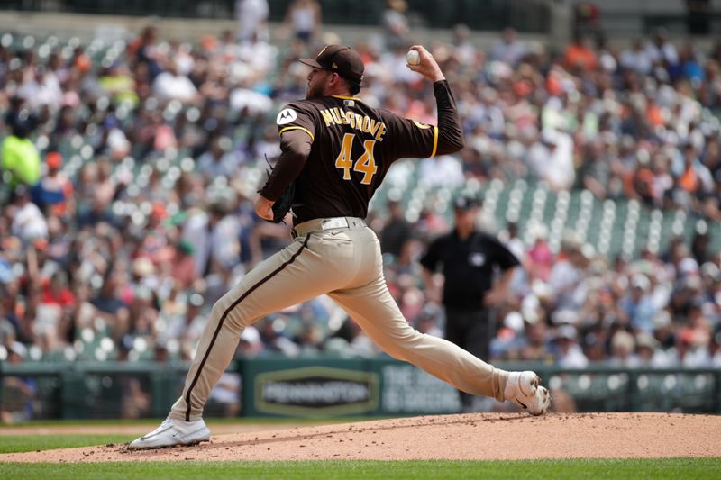 Jul 23, 2023; Detroit, Michigan, USA; San Diego Padres starting pitcher Joe Musgrove (44) pitches during the first inning at Comerica Park. Mandatory Credit: Brian Bradshaw Sevald-USA TODAY Sports