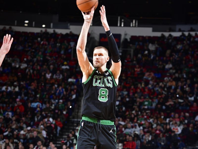 HOUSTON, TX - JANUARY 21: Kristaps Porzingis #8 of the Boston Celtics shoots the ball during the game against the Houston Rockets on January 21, 2024 at the Toyota Center in Houston, Texas. NOTE TO USER: User expressly acknowledges and agrees that, by downloading and or using this photograph, User is consenting to the terms and conditions of the Getty Images License Agreement. Mandatory Copyright Notice: Copyright 2024 NBAE (Photo by Logan Riely/NBAE via Getty Images)