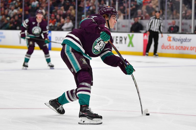 Apr 5, 2024; Anaheim, California, USA; Anaheim Ducks center Leo Carlsson (91) scores a goal against the Seattle Kraken during the second period at Honda Center. Mandatory Credit: Gary A. Vasquez-USA TODAY Sports