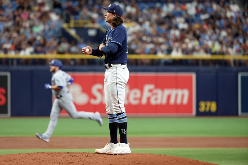 May 27, 2023; St. Petersburg, Florida, USA; Tampa Bay Rays starting pitcher Tyler Glasnow (20) looks on after giving up a home run to Los Angeles Dodgers third baseman Max Muncy (13) during the second inning at Tropicana Field. Mandatory Credit: Kim Klement-USA TODAY Sports