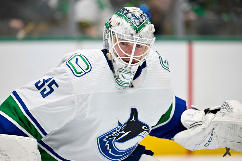 Dec 21, 2023; Dallas, Texas, USA; Vancouver Canucks goaltender Thatcher Demko (35) faces the Dallas Stars attack during the second period at the American Airlines Center. Mandatory Credit: Jerome Miron-USA TODAY Sports