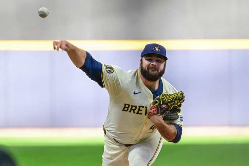 May 29, 2024; Milwaukee, Wisconsin, USA; Milwaukee Brewers starting pitcher Bryse Wilson (46) pitches against the Chicago Cubs in the first inning at American Family Field. Mandatory Credit: Benny Sieu-USA TODAY Sports