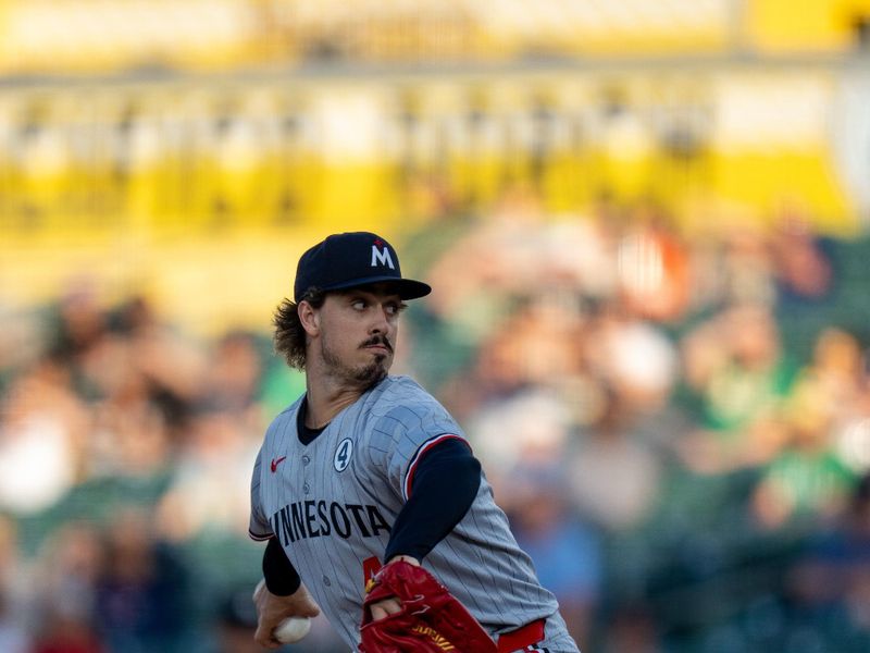 Jun 2, 2025; West Sacramento, California, USA; Minnesota Twins starting pitcher Joe Ryan (41) delivers a pitch against the Athletics during the first inning at Sutter Health Park. Mandatory Credit: Neville E. Guard-Imagn Images