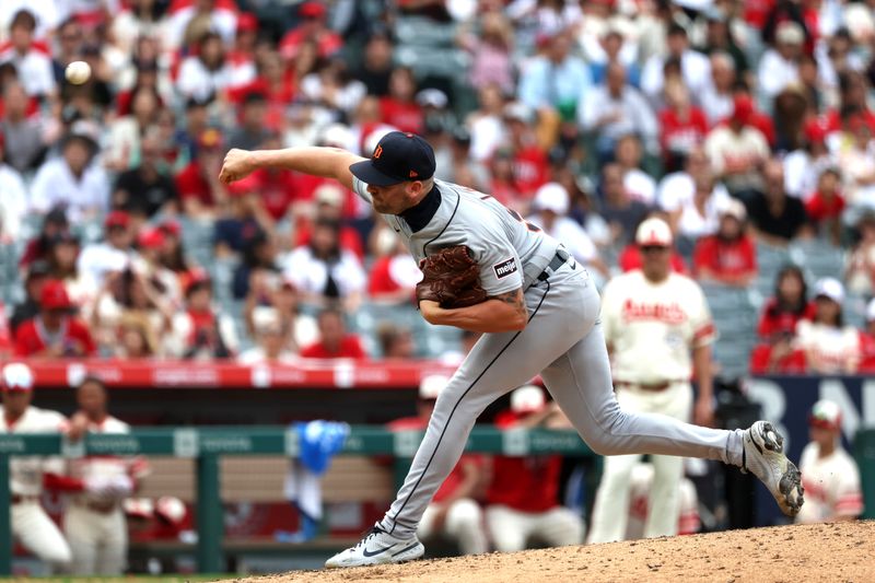Sep 17, 2023; Anaheim, California, USA;  Detroit Tigers relief pitcher Alex Lange (55) pitches during the ninth inning against the Los Angeles Angels at Angel Stadium. Mandatory Credit: Kiyoshi Mio-USA TODAY Sports