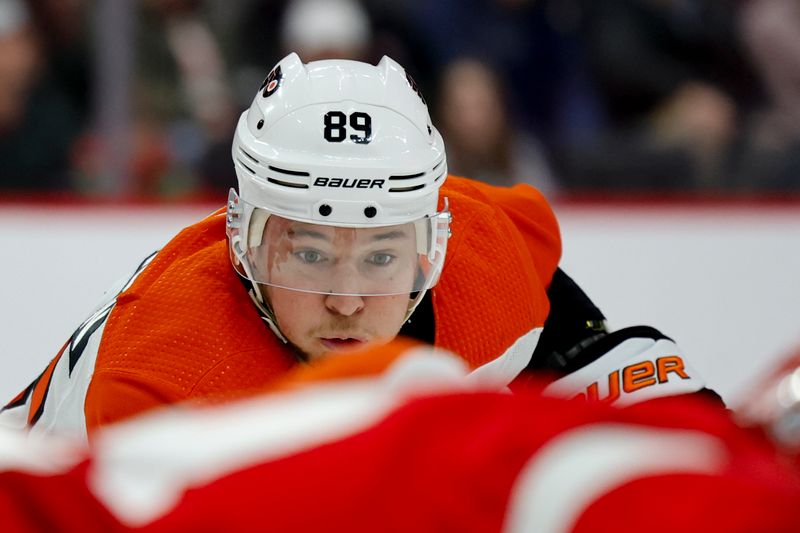 Jan 25, 2024; Detroit, Michigan, USA;  Philadelphia Flyers right wing Cam Atkinson (89) gets set during a face off in the second period against the Detroit Red Wings at Little Caesars Arena. Mandatory Credit: Rick Osentoski-USA TODAY Sports