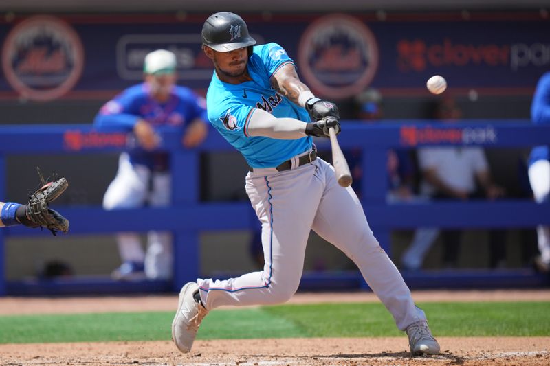 Mar 17, 2024; Port St. Lucie, Florida, USA;  Miami Marlins center fielder Dane Myers (54) hits a home run in the third inning against New York Mets at Clover Park. Mandatory Credit: Jim Rassol-USA TODAY Sports