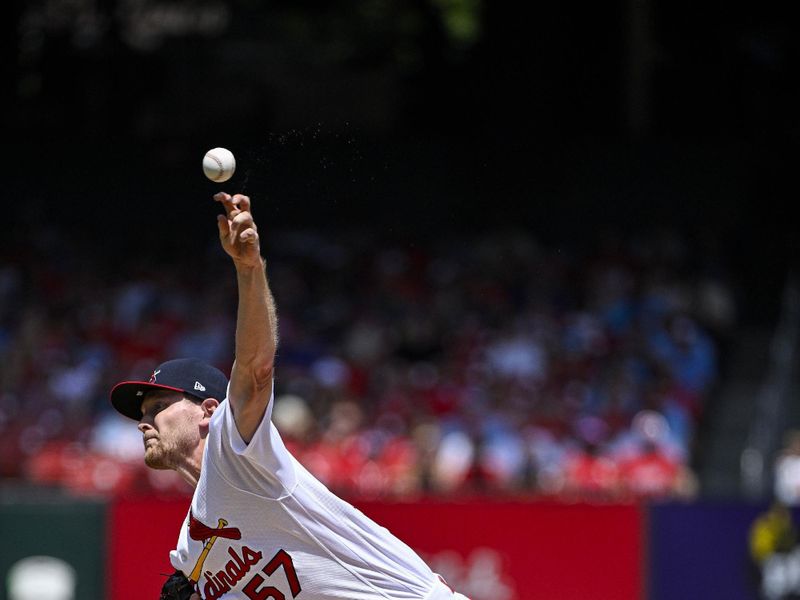 Aug 6, 2023; St. Louis, Missouri, USA;  St. Louis Cardinals starting pitcher Zack Thompson (57) pitches against the Colorado Rockies during the first inning at Busch Stadium. Mandatory Credit: Jeff Curry-USA TODAY Sports