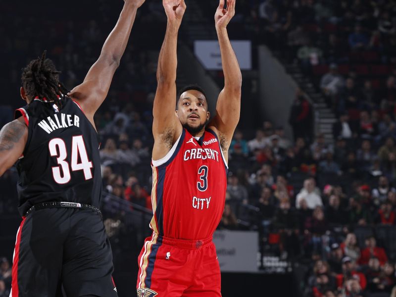 PORTLAND, OR - FEBRUARY 10: CJ McCollum #3 of the New Orleans Pelicans shoots the ball during the game against the Portland Trail Blazers on February 10, 2024 at the Moda Center Arena in Portland, Oregon. NOTE TO USER: User expressly acknowledges and agrees that, by downloading and or using this photograph, user is consenting to the terms and conditions of the Getty Images License Agreement. Mandatory Copyright Notice: Copyright 2024 NBAE (Photo by Cameron Browne/NBAE via Getty Images)