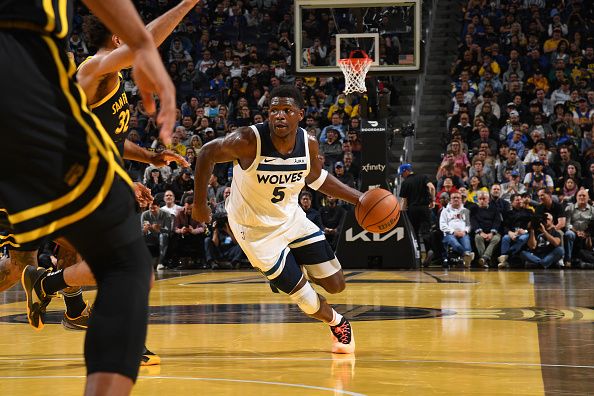 SAN FRANCISCO, CA - NOVEMBER 14: Anthony Edwards #5 of the Minnesota Timberwolves dribbles the ball during the game against the Golden State Warriors during the In-Season Tournament on November 14, 2023 at Chase Center in San Francisco, California. NOTE TO USER: User expressly acknowledges and agrees that, by downloading and or using this photograph, user is consenting to the terms and conditions of Getty Images License Agreement. Mandatory Copyright Notice: Copyright 2023 NBAE (Photo by Noah Graham/NBAE via Getty Images)