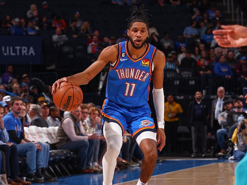 OKLAHOMA CITY, OK - MARCH 28:  Isaiah Joe #11 of the Oklahoma City Thunder goes to the basket during the game on March 28, 2023 at Paycom Arena in Oklahoma City, Oklahoma. NOTE TO USER: User expressly acknowledges and agrees that, by downloading and or using this photograph, User is consenting to the terms and conditions of the Getty Images License Agreement. Mandatory Copyright Notice: Copyright 2023 NBAE (Photo by Zach Beeker/NBAE via Getty Images)