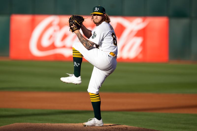 Jul 3, 2024; Oakland, California, USA; Oakland Athletics starting pitcher Joey Estes (68) delivers a pitch against the Los Angeles Angels during the first inning at Oakland-Alameda County Coliseum. Mandatory Credit: D. Ross Cameron-USA TODAY Sports