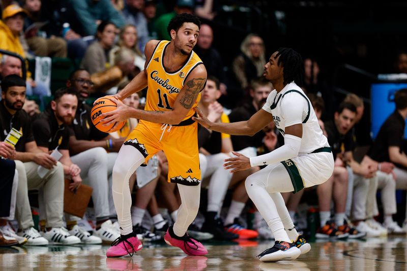 Feb 15, 2025; Fort Collins, Colorado, USA; Wyoming Cowboys guard Dontaie Allen (11) controls the ball as Colorado State Rams guard Keshawn Williams (11) guards in the second half at Moby Arena. Mandatory Credit: Isaiah J. Downing-Imagn Images