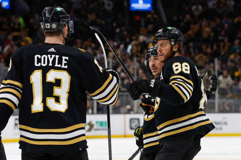 Jan 15, 2024; Boston, Massachusetts, USA; Boston Bruins right wing David Pastrnak (88) is congratulated by center Charlie Coyle (13) and left wing Brad Marchand (63) after scoring against the New Jersey Devils during the third period at TD Garden. Mandatory Credit: Winslow Townson-USA TODAY Sports