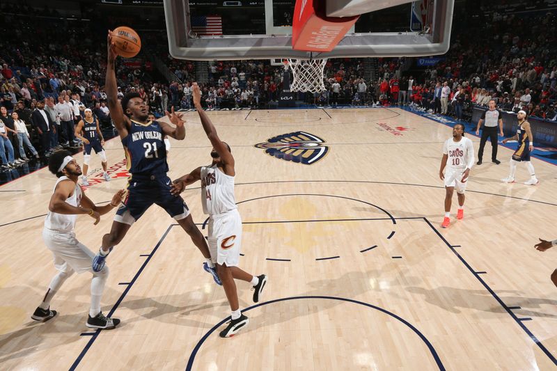 NEW ORLEANS, LA - NOVEMBER 6: Yves Missi #21 of the New Orleans Pelicans dunks the ball during the game against the Cleveland Cavaliers on November 6, 2024 at the Smoothie King Center in New Orleans, Louisiana. NOTE TO USER: User expressly acknowledges and agrees that, by downloading and or using this Photograph, user is consenting to the terms and conditions of the Getty Images License Agreement. Mandatory Copyright Notice: Copyright 2024 NBAE (Photo by Layne Murdoch Jr./NBAE via Getty Images)