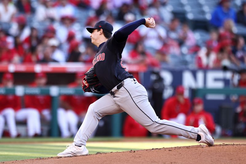 May 24, 2024; Anaheim, California, USA; Cleveland Guardians pitcher Logan Allen (41) throws against a Los Angeles Angels batter during first inning of a game at Angel Stadium. Mandatory Credit: Jessica Alcheh-USA TODAY Sports