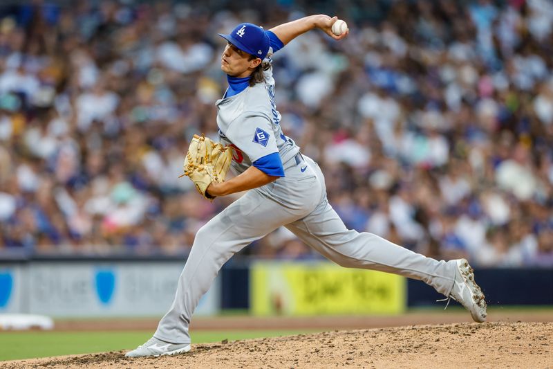 Jul 31, 2024; San Diego, California, USA; Los Angeles Dodgers relief pitcher Brent Honeywell (40) pitch during the sixth inning against the San Diego Padres at Petco Park. Mandatory Credit: David Frerker-USA TODAY Sports