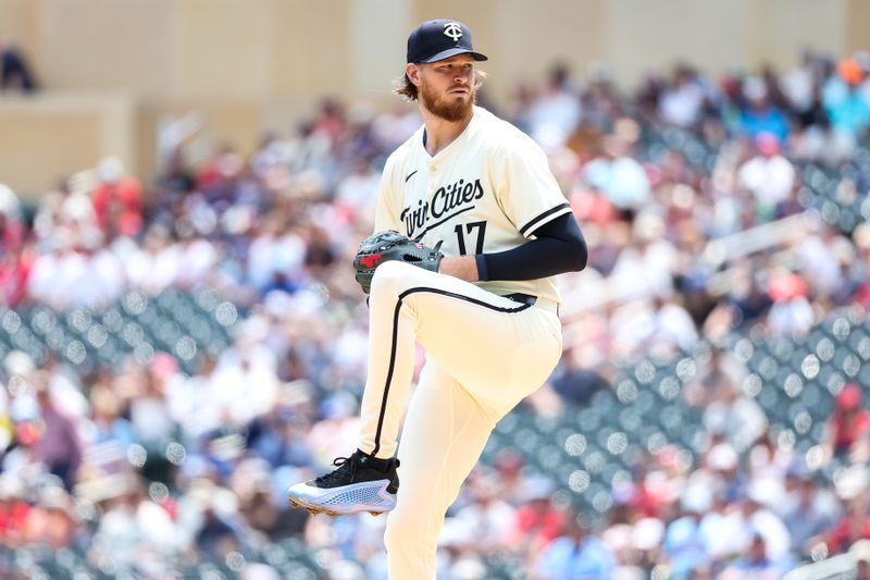May 25, 2025; Minneapolis, Minnesota, USA; Minnesota Twins starting pitcher Bailey Ober (17) delivers a pitch against the Kansas City Royals during the first inning at Target Field. Mandatory Credit: Matt Krohn-Imagn Images