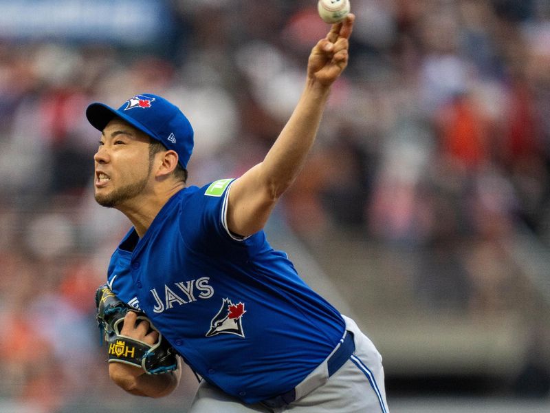 Jul 9, 2024; San Francisco, California, USA;  Toronto Blue Jays starting pitcher Yusei Kikuchi (16) delivers a pitch against the San Francisco Giants during the first inning at Oracle Park. Mandatory Credit: Neville E. Guard-USA TODAY Sports