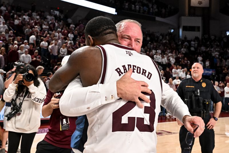 Mar 4, 2023; College Station, Texas, USA;  Texas A&M Aggies head coach Buzz Williams and guard Tyrece Radford (23) embrace after the win against the Alabama Crimson Tide at Reed Arena. Mandatory Credit: Maria Lysaker-USA TODAY Sports