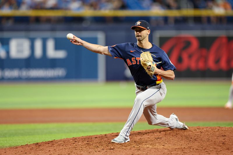 Aug 12, 2024; St. Petersburg, Florida, USA; Houston Astros pitcher Tayler Scott (50) throws a pitch against the Tampa Bay Rays in the sixth inning at Tropicana Field. Mandatory Credit: Nathan Ray Seebeck-USA TODAY Sports