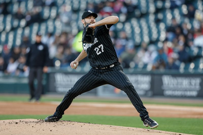 Apr 18, 2023; Chicago, Illinois, USA; Chicago White Sox starting pitcher Lucas Giolito (27) delivers against the Philadelphia Phillies during the first inning of game two of the doubleheader at Guaranteed Rate Field. Mandatory Credit: Kamil Krzaczynski-USA TODAY Sports