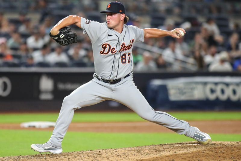 Sep 6, 2023; Bronx, New York, USA; Detroit Tigers relief pitcher Tyler Holton (87) pitches in the fifth inning against the New York Yankees at Yankee Stadium. Mandatory Credit: Wendell Cruz-USA TODAY Sports