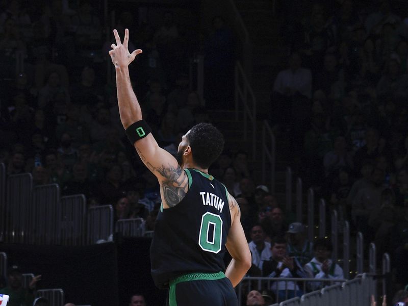 BOSTON, MA - MARCH 20: Jayson Tatum #0 of the Boston Celtics celebrates during the game against the Milwaukee Bucks on March 20, 2024 at the TD Garden in Boston, Massachusetts. NOTE TO USER: User expressly acknowledges and agrees that, by downloading and or using this photograph, User is consenting to the terms and conditions of the Getty Images License Agreement. Mandatory Copyright Notice: Copyright 2024 NBAE  (Photo by Brian Babineau/NBAE via Getty Images)